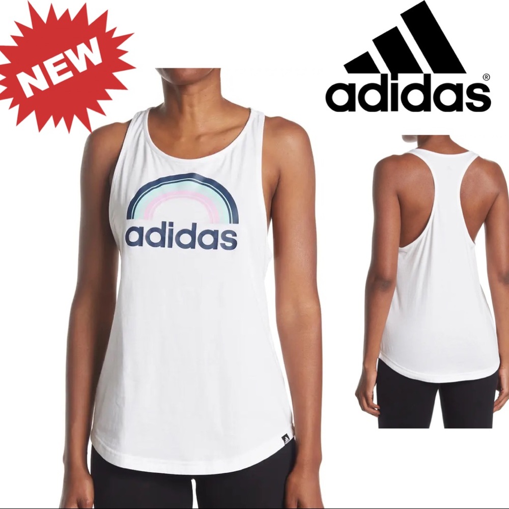 🆕 Adidas Rainbow Logo Racerback white medium Tank Top (86)